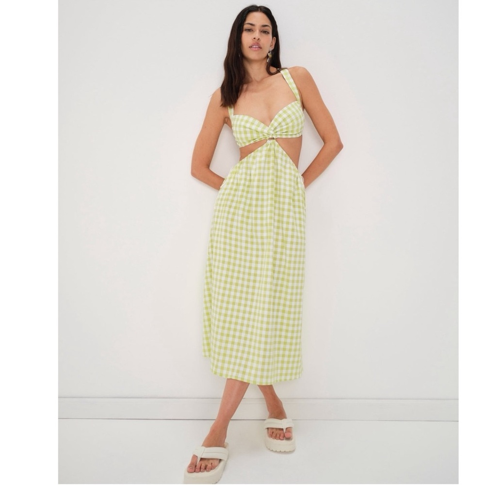 For Love & Lemons Maureen Midi Dress Size Small Neon Green Gingham Cut Out NWT - Picture 6 of 15